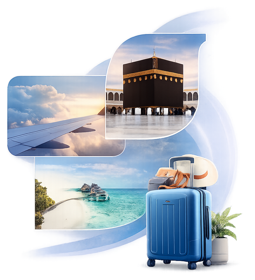 Travel collage - flights, Hajj, beach holidays, and travel gear