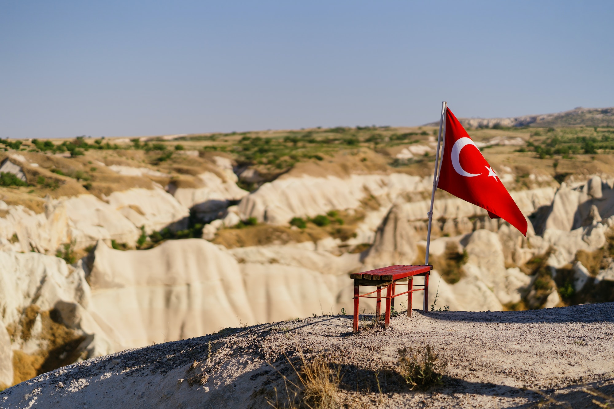 Turkish flag on the mountain. Cappadocia. Turkey